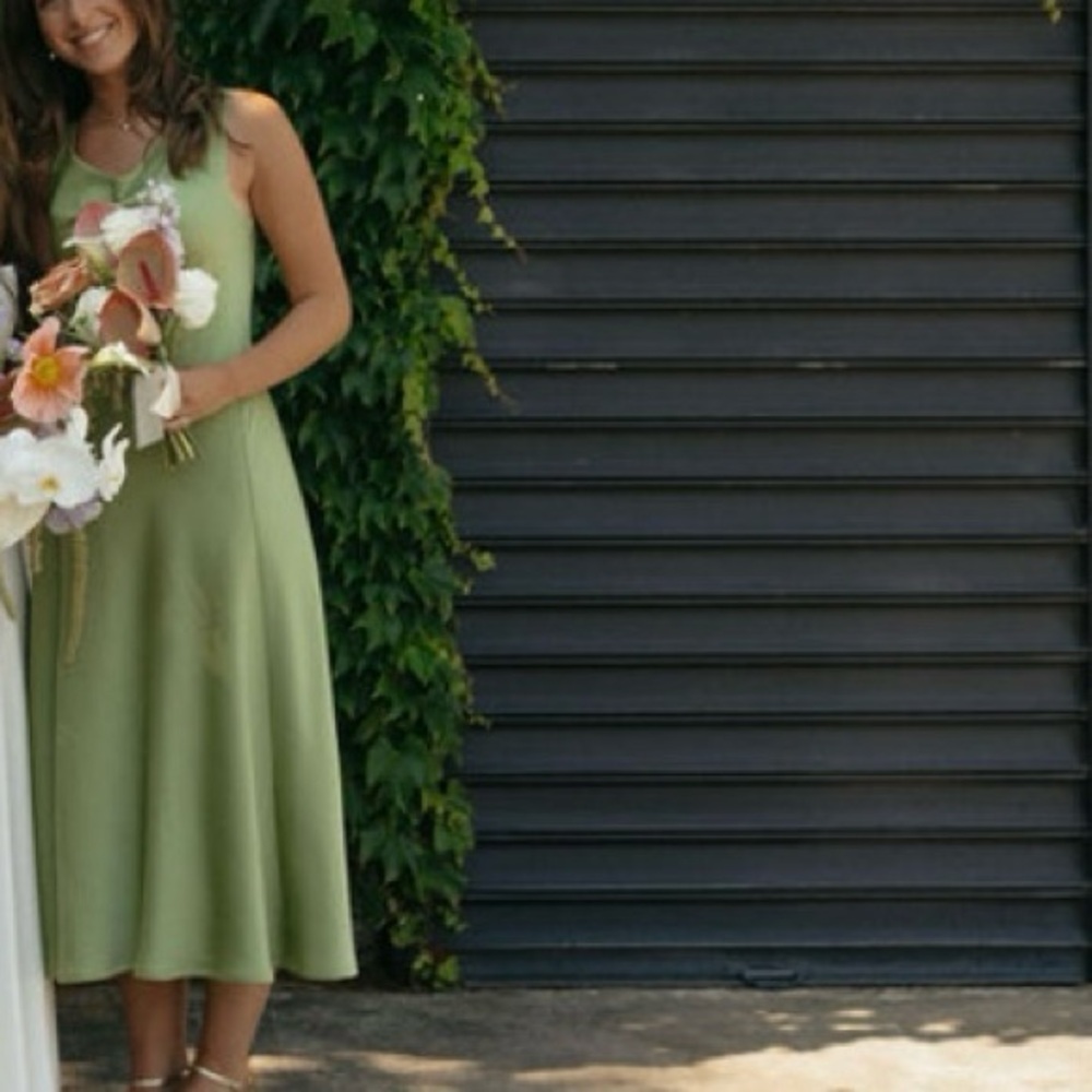 WAYF Tala Cowl Neck Satin Bridesmaid Dress XS (Altered) Chartreuse Green Sage
